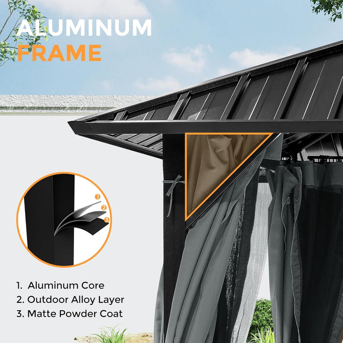 12'X12' Outdoor Hardtop Gazebo, Aluminum Gazebo with Double Galvanized Steel Roof, Curtains and Netting for Patio, Backyard, Deck, Lawn, Easy Assembly (Grey)