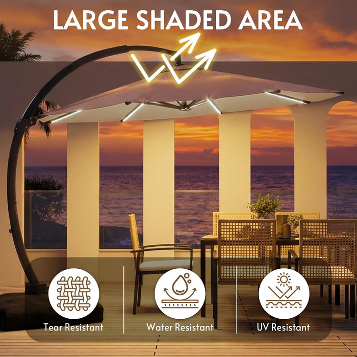 11FT Solar Powered LED Light Cantilever Patio Umbrella with Base Included, Large Cantilever Umbrella with 360°Rotation, Heavy-Duty Offset Outdoor Umbrella for Patio,Pool,Backyard (Champagne)