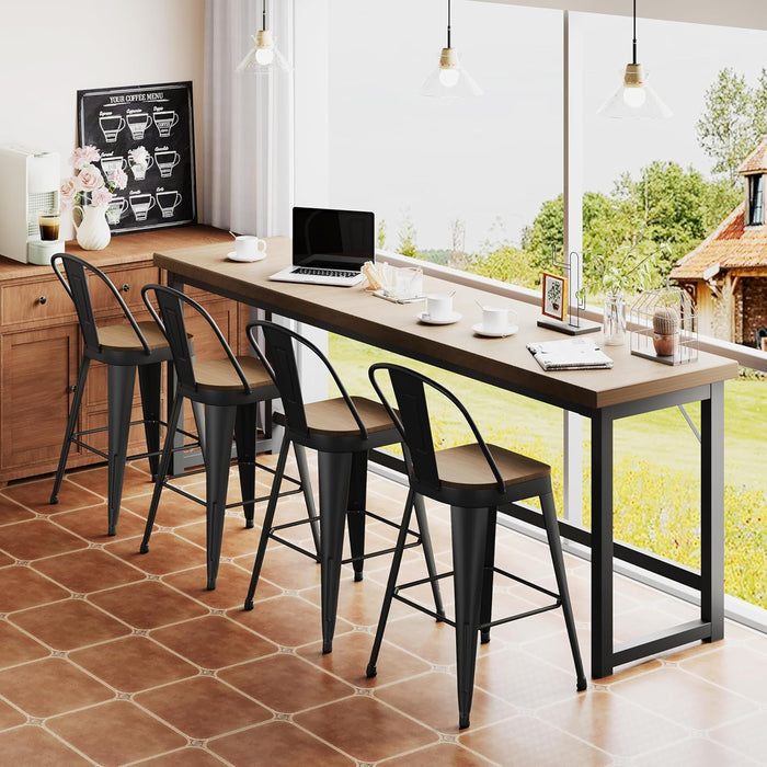 24 Inch Bar Stools Set of 4, Industrial Counter Height Barstools High Back Metal Bar Stools with Large Wood Seat Bar Chairs for Kitchen Island (24 Inch, Black)