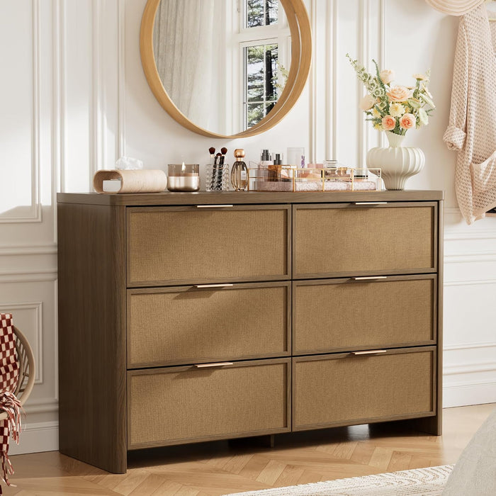 Rattan 6 Drawer Dresser for Bedroom, 47.2" Wide Curved Dressers & Chests of Drawers with 6 Deep Drawers, Large Boho Wooden Dresser W/Gold Metal Handles for Bedroom Living Room, Walnut