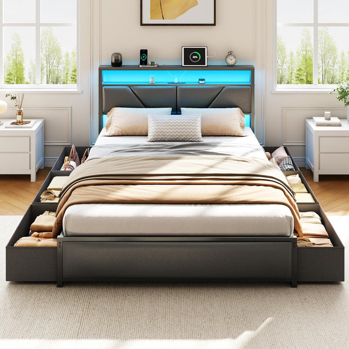 Queen Bed Frame with Storage Headboard, 6 Drawers, LED & Charging