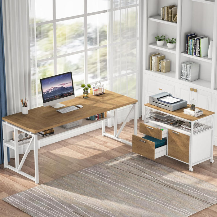 63 Inches Computer Desk with Bottom Storage Shelf Home Office Desk Writing Table for Workstation, Dark Walnut + Steel Leg, Cabinet Not Included (Light Oak, 63-Inch-With Shelf)