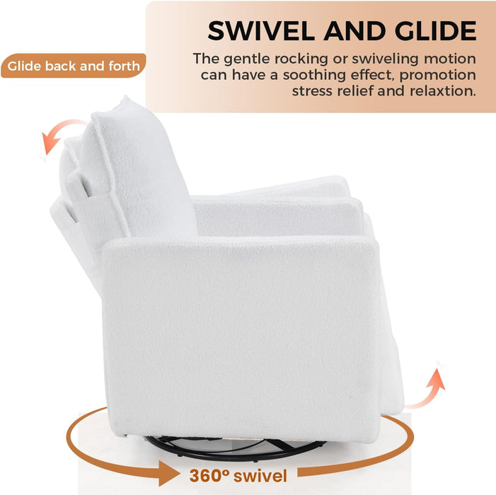 Swivel Rocker Recliner Chair, Teddy Upholstered Nursery Glider Chair, Manual Reclining Chair with Two Removable Pillows for Living Room (White)