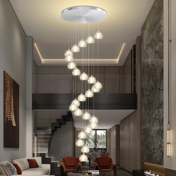 Crystal Ball Chandelier for High Ceiling Modern Glam Crystal Chandelier Lighting for Foyer Enterway Long Staircase 25 Light Silver