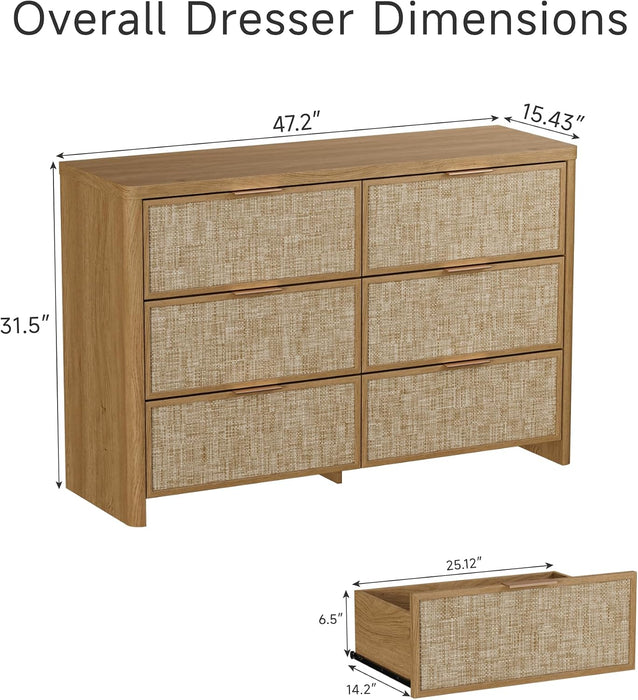 Rattan 6 Drawer Dresser for Bedroom, 47.2" Wide Curved Dressers & Chests of Drawers with 6 Deep Drawers, Large Boho Wooden Dresser W/Gold Metal Handles for Bedroom, Natural Oak