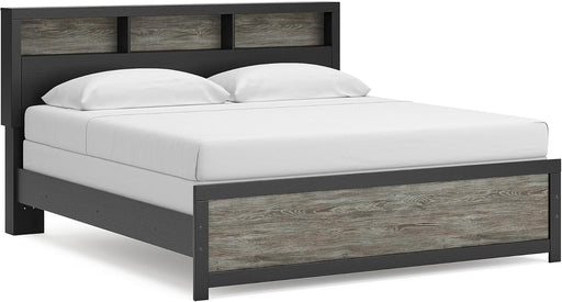 Signature Design by Ashley Jonnifer King Bed Frame with Bookcase Headboard, Storage Cubbies, Engineered Wood and Decorative Laminate, Bedroom Use, Warm Gray and Matte Black