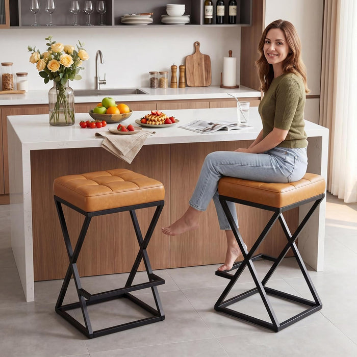 Backless Bar Stools Set of 2, 26 Inch Counter Barstools, PU Brown | Industrial Metal Bar Stools, Backless Faux Leather Seat, X-Frame Footrest,Space-Saving, 26" Counter Height, for Kitchen,Cafe