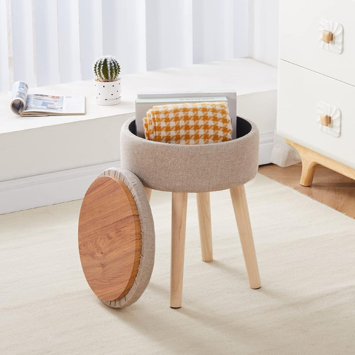 Storage Ottoman Linen round Vanity Stool Tray Top Modern Foot Stool with Wood Legs Multifunctional Upholstered Foot Ottoman Rest for Living Room, Bathroom, Makeup (Khaki)