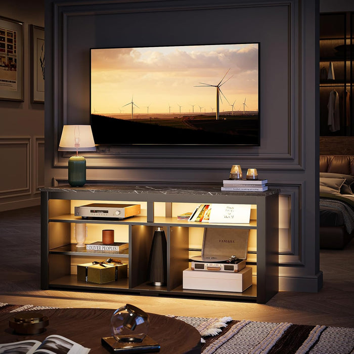 LED Tall Entertainment Center for 55/60/65 Inch TV, TV Stand with Storage for PS4 Xbox, Adjustable Shelf Media Console for Living Room, Black Marble