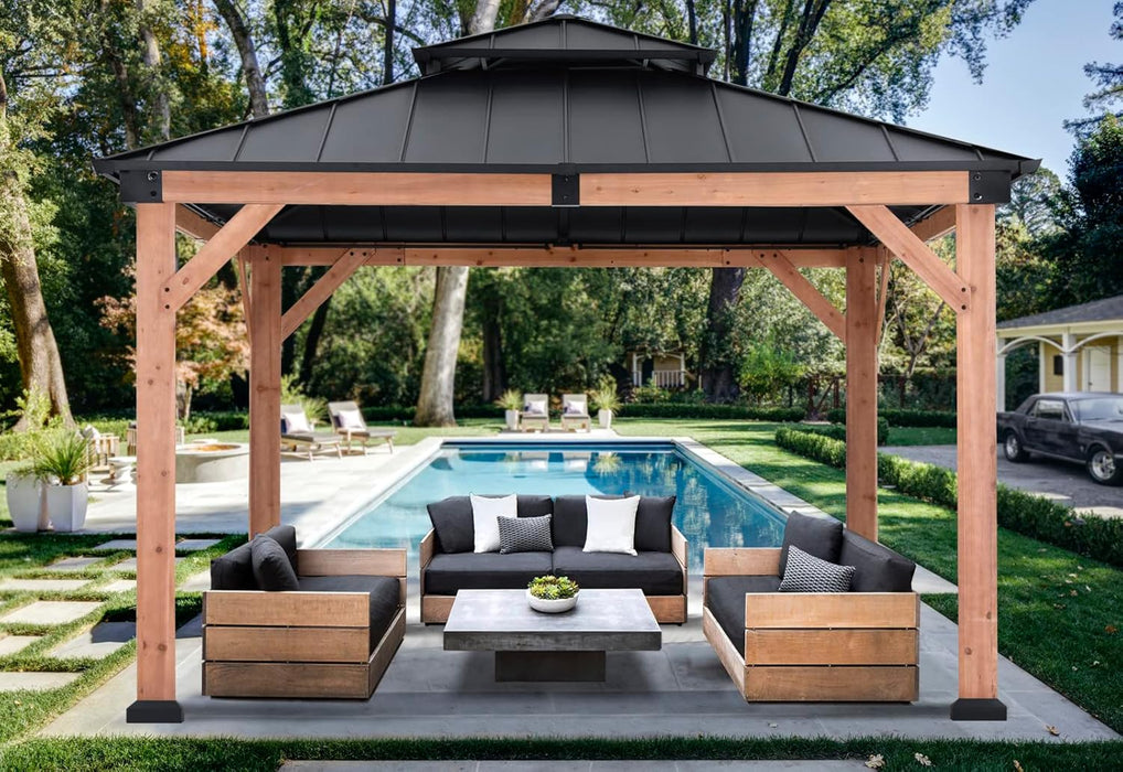 Wood Gazebo 11X11 - Outdoor Patio Wooden Gazebo with Hardtop Metal Double Roof for Garden, Backyard and Deck (Double Roof)