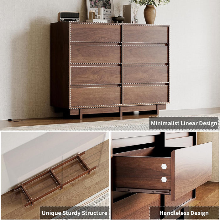 8 Drawer Walnut Dresser for Bedroom, 53" Wide Mid Century Modern Dresser