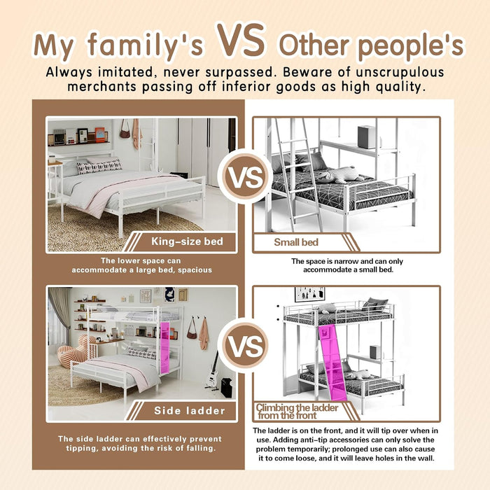L-Shaped Twin over Full Bunk Bed with Desk, Heavy Duty Metal Loft Bed Frame with Ladder and Safety Guardrails, Space Saving Furniture for Kids, Teens, Bedroom, Dorm and Apartment, (White)