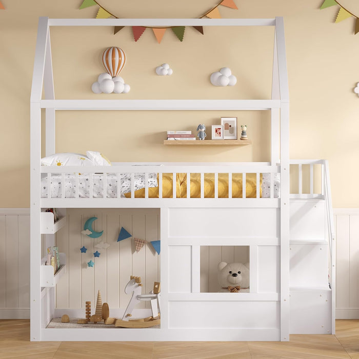 White FullSize House Loft Bed WithUnderbed Storage