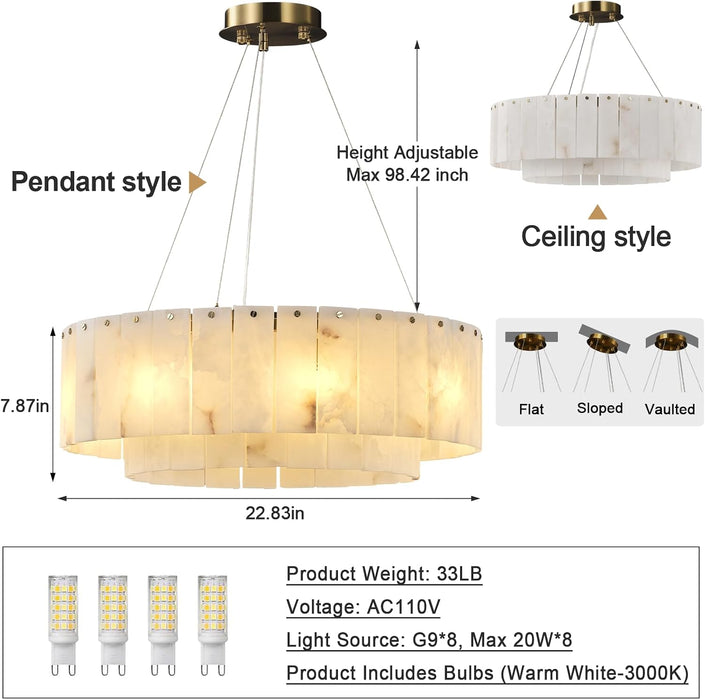 D23In Alabaster round Chandelier, Modern Marble Dining Room Chandeliers, 2 Tiers Brass Drum Pendant Light Fixtures, Gold Ceiling Light Chandelier for Living Room, Bedroom Lights, Foyer, Kitchen