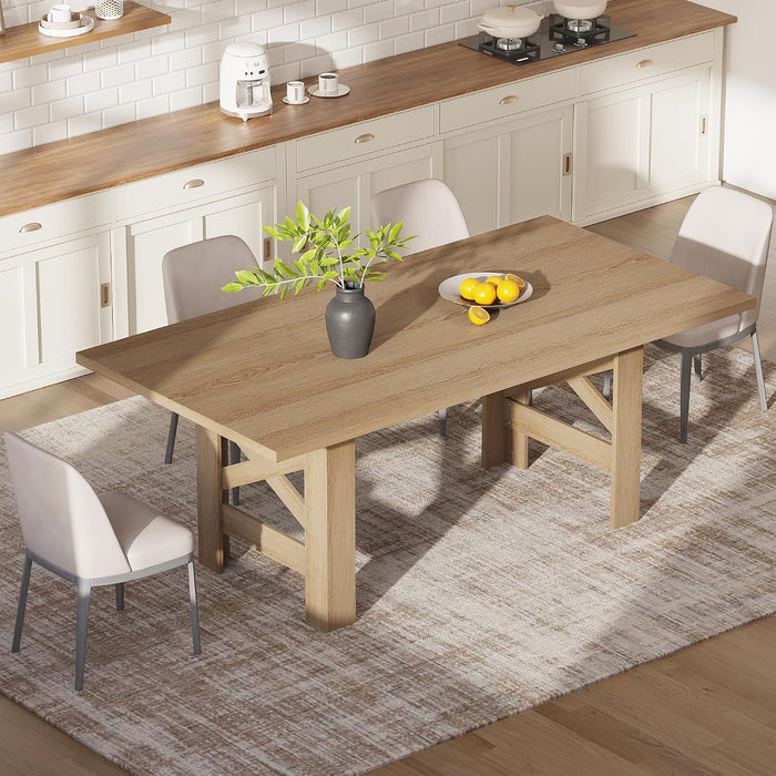 71" Long Dining Table for 6-8, Farmhouse Wooden Barn Kitchen Table for 6, Triangular Legs, Large Dining Room Table W/Thickened Tabletop, Sturdy Frame, for Dinner, Kitchen, Office, Natural