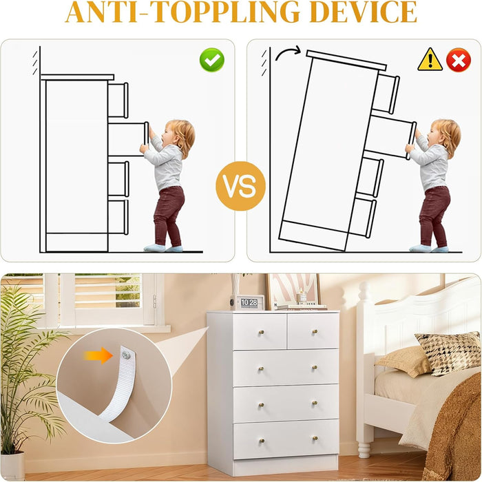 Modern White 5 Drawer Dresser For Bedroom Storage Organization