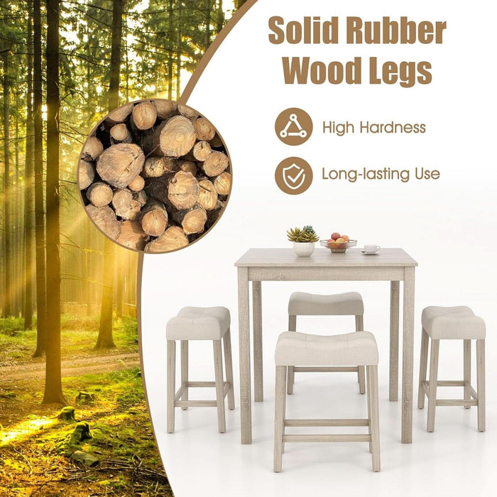 5-Piece Bar Table Set, Square Breakfast Set for 4 W/Padded Stools, Small Kitchen Table Set W/Rubber Wood Legs, Space-Saving Dining Table Set for Living Room, Kitchen, Small Space