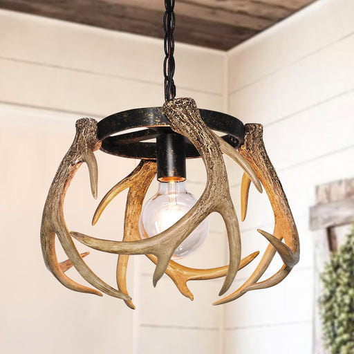 Rustic Antler Chandelier, Adjustable Height Farmhouse Chandeliers with Resin 4 Antlers and Retro Metal Wagon Wheel Chandelier Vintage Style for Dining Room, Kitchen, Hallway, Entryway