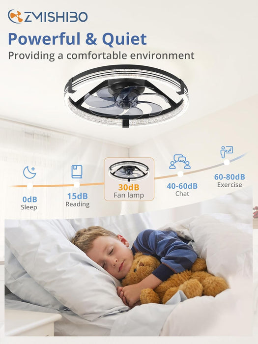 Low Profile Ceiling Fans with Lights, Flush Mount Modern Ceiling Fan and Remote Control, 20" LED Ceiling Fans, Stepless Dimmable 3 Colors and 6 Speeds (Black, 20")