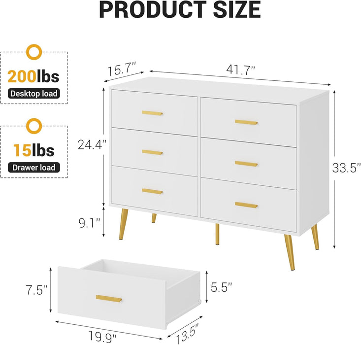 6 Drawer Dresser, Modern Wooden Chest of Drawers with Gold Handles, Deep Drawers for Bedroom, Living Room and Entryway, White