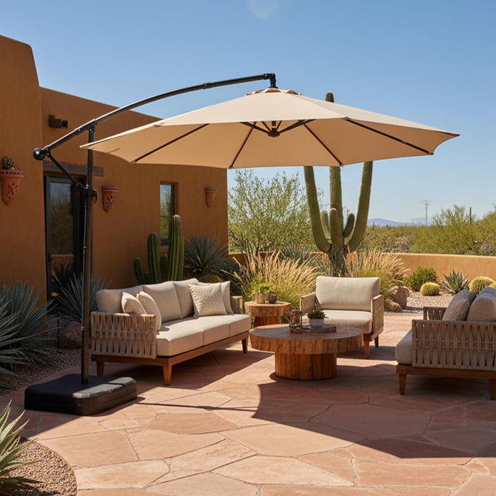 Sunnydaze 10Ft Cantilever Offset Patio Umbrella with Base Included for Porch, Deck, Pool, or Backyard - Polyester Sandbag Weight, Push-Button Tilt and Crank, Powder-Coated Steel Pole - Beige