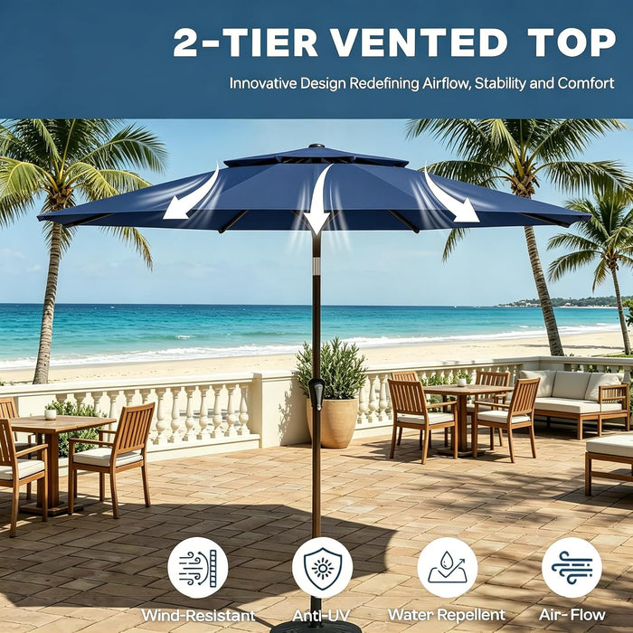 Patio Umbrella, 2 Tier Outdoor Table Umbrella, Large Vented Market Umbrellas with Push Button Tilt and Crank, 8 Sturdy Ribs for Backyard, Deck, Pool, UPF50+ UV Protection