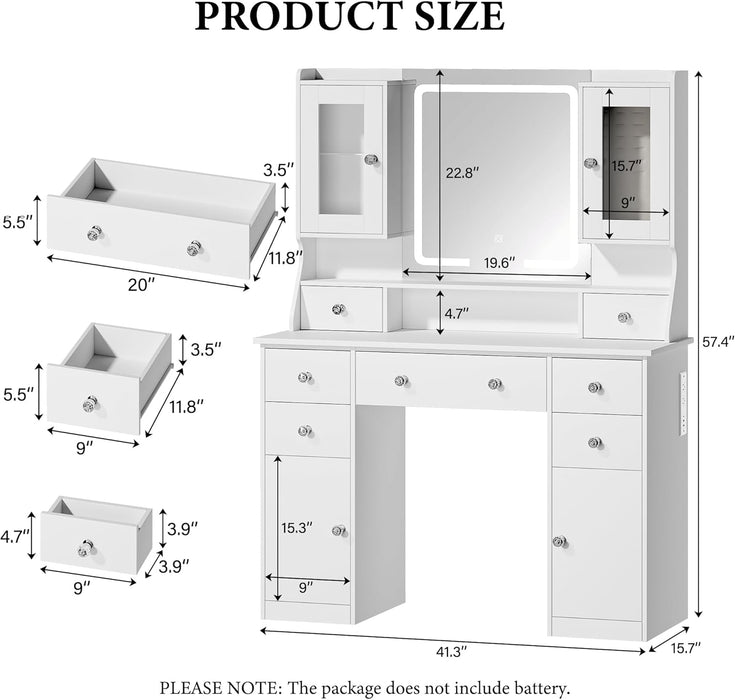 Vanity Desk with Mirror & Lights, 42‘’ Large Makeup Vanity with 2 RGB Jewelry Cabinets & 7 Drawers, White Vanity Table Set with Charging Station, Dressing Table with Lights Desk, 3 Light Modes