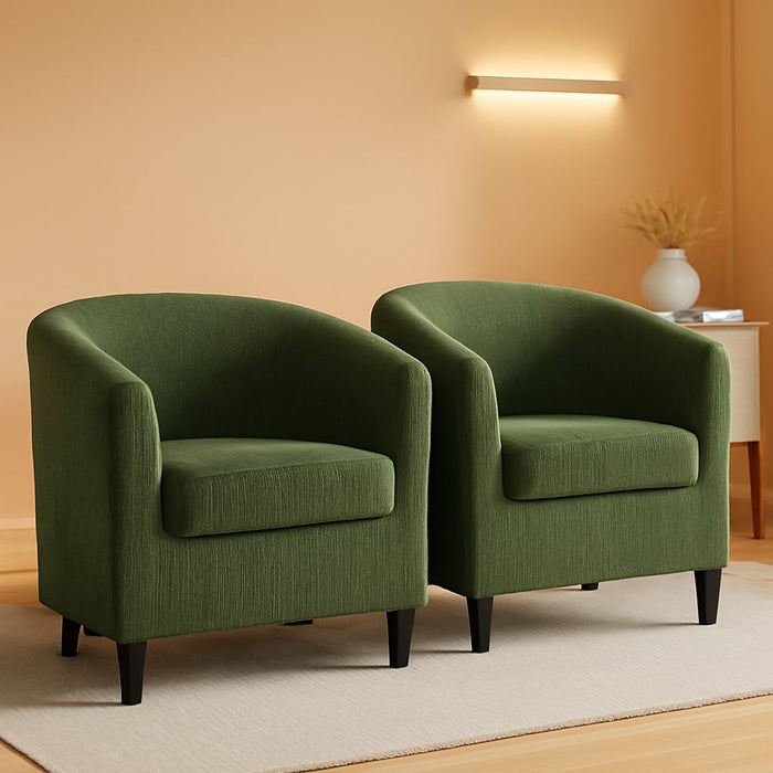 Corduroy Barrel Chairs Set of 2, Upholstered Club Chairs Accent Chairs, round Armchairs Waiting Room Chairs with Soft Cushion for Living Room Bedroom Reading Room, Dark Green
