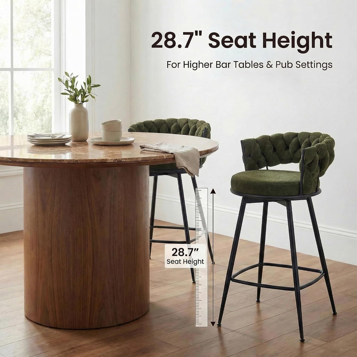 Bar Stools Set of 2 Upholstered Kitchen Counter Height Barstool Green | Chenille Fabric Foam Cushion with Woven Back, 28.8" High Comfy Modern & Farmhouse Swivel Breakfast Bar Islands Chairs, 300Lb