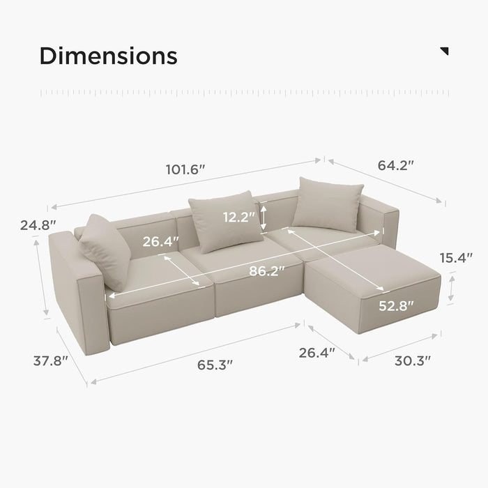 Luxury Modular Sectional Living Room Sofa Set, Modern Minimalist Style Couch with Ottoman and Chaise, L-Shape, Linen-Like Cream
