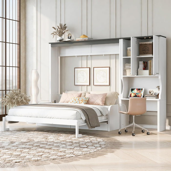 Queen Murphy Bed With Sofa Desk Storage WhiteGlossFinish