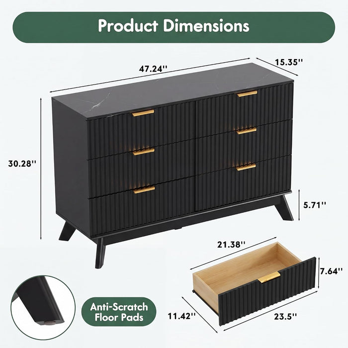 Fluted Dresser for Bedroom, 47.2" Wide Chest of 6 Drawers, Black