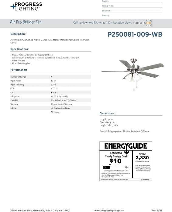 Airpro 52 In. Brushed Nickel 5-Blade AC Motor Transitional Ceiling Fan with Light