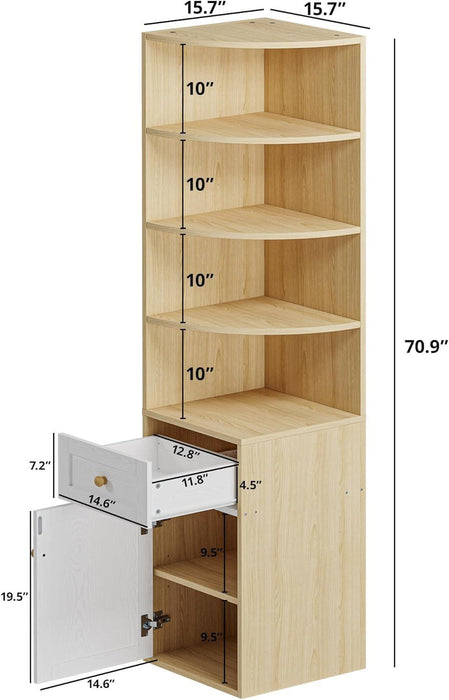 Corner Bookshelf and Bookcase, 71" H Wooden Book Shelves 4 Tier with Drawers and Storage Cabinet for Living Room, Office, Bedroom, Oak and White
