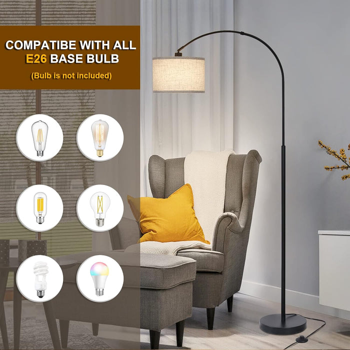 Arc Floor Lamps for Living Room, Modern Standing Lamp with Adjustable Hanging Drum Shade, Tall Pole Lamp with Foot Switch, over Couch Arched Reading Light for Bedroom, Office (Black)