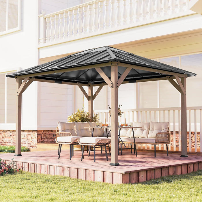 10' X 12' Hardtop Gazebo with Galvanized Steel Roof, Wood Permanent Pavilion Canopy Shelter with Clear Roof Top, UPF50+ Protection, Ceiling Hooks for Lawn, Backyard, Deck, Light Walnut