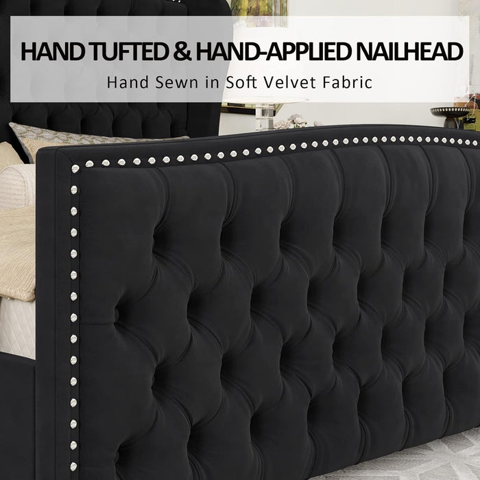 Queen Size Platform Bed Frame, Velvet Upholstered Bed with Deep Button Tufted & Nailhead Trim Wingback Headboard/No Box Spring Needed/Black