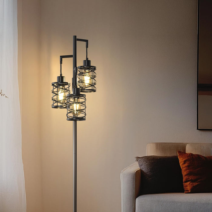 70" Industrial Floor Lamp, Stepless Dimmable Standing Lamp with 3 Bulbs, Farmhouse Corner Standing Tree Lamp for Living Room, Tall Lamps for Bedroom, Office, Study Room, Dining Room, Black