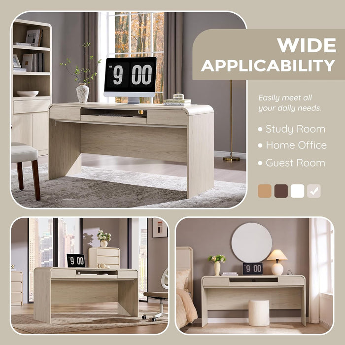 63" Modern Computer Desk with 2 Drawers, Wood Curved (Cream)