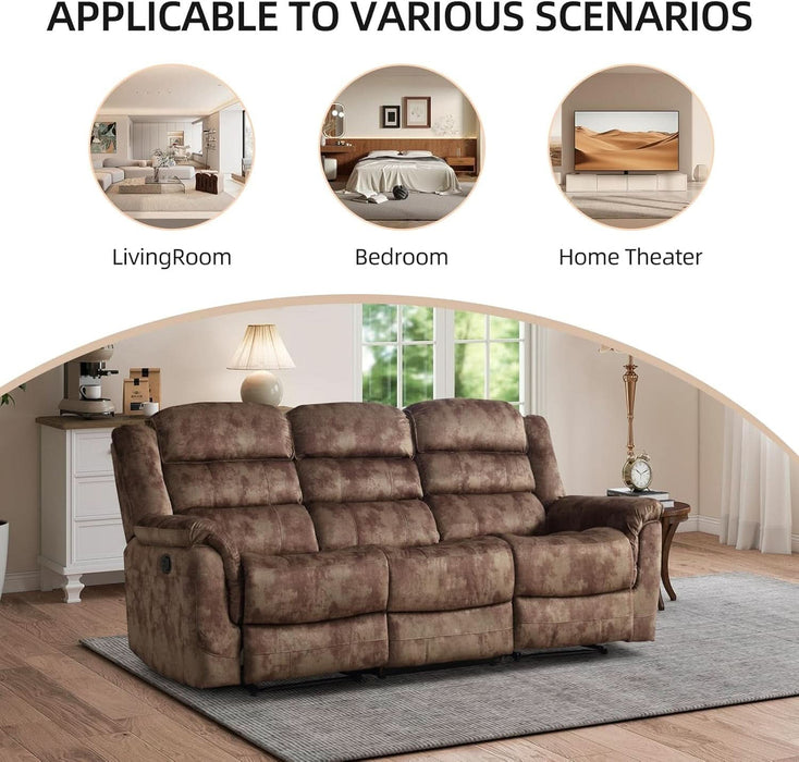 Reclining Sofa for Living Room, Extra Wide Modern Overstuffed 3 Seat Recliner Manual Sofa Chair, Breathable Soft Fabric and Padded Seat, Brown