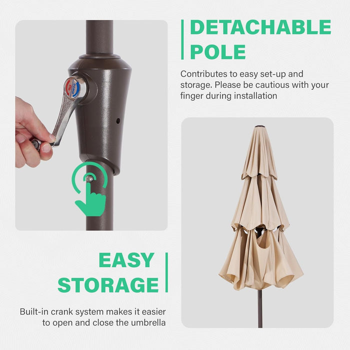 9FT 3 Tier Patio Umbrella Outdoor Market Umbrella Table Umbrellas with 8 Ribs 1.5 Pole Push Button Tilt and Crank UV Protection for Garden,Beige
