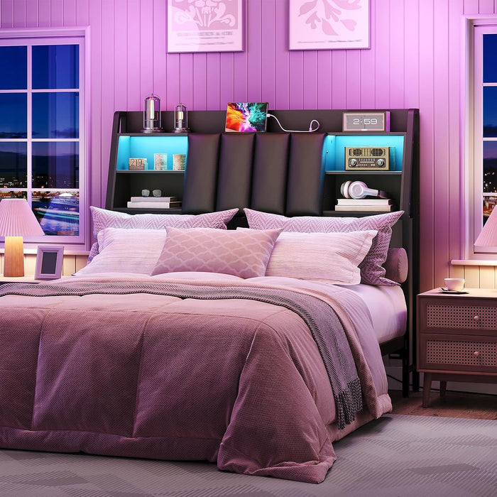 Upholstered Headboard Full Size with Storage, Headboard with Charging Station and LED Light Strip, Padded Backrest and Open Storage Shelf, Metal Frame Adapter, for Full Bed Frames, Black