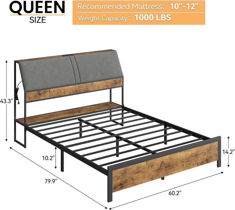 Queen Bed Frame, Ergonomic Padded Headboard, Integrated Charging Ports, Storage in the Headboard, Robust Construction, Quiet Comfort, and Designed to Be Used without a Box Spring