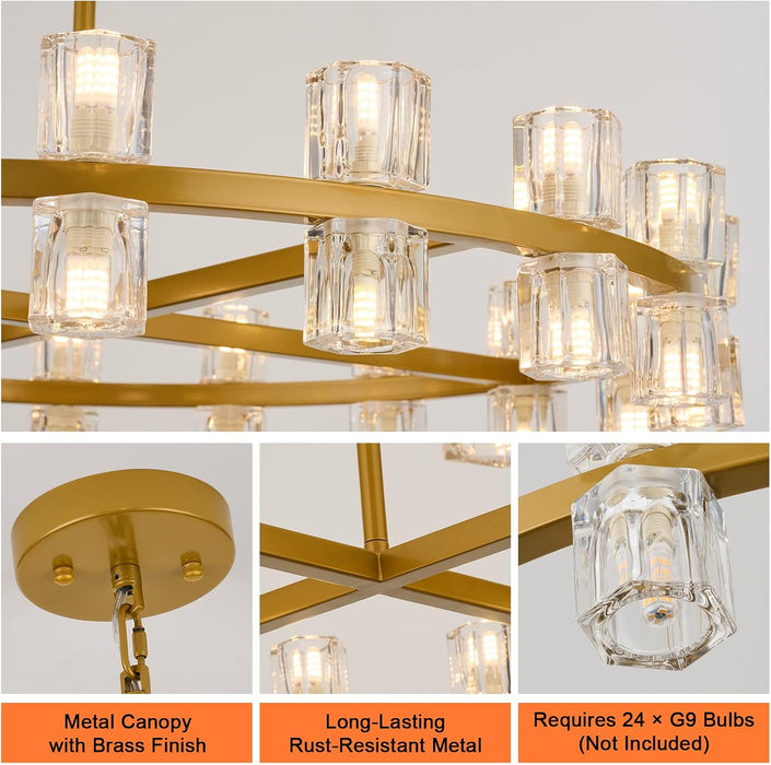 Modern 24 Inch Gold Crystal Wagon Wheel Chandelier, Large round 24-Light Pendant Lighting Fixture, Adjustable Height for High Ceilings Living Room, Dining Room, Foyer, Entryways (Gold-24In)