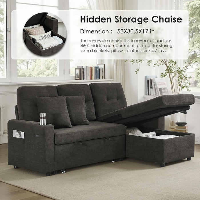DarkGreyMicrofiber Reversible Sectional Sofa Bed With USB