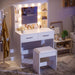 Makeup Vanity Desk with Mirror and Lights Power Outlet, Vanity Table Makeup Desk 2 Drawers, 6 Storage Shelves Hairdryer Holder & Bench Dressing Table for Bedroom (White, with Bench)