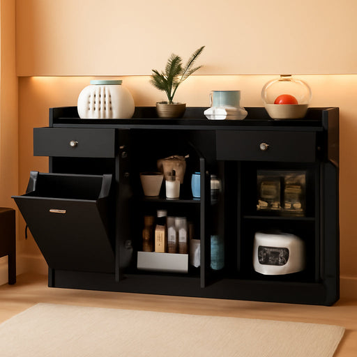 55" Farmhouse Buffet Cabinet, Large Credenza W/Hidden Tilt Out Trash Can, 2 Glass Doors, 2 Drawers & Adjustable Shelves, Modern Sideboard Coffee Bar Cabinet for Kitchen (Black)