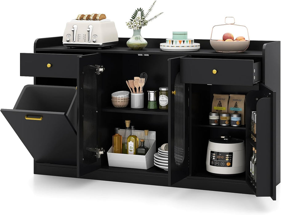 55" Farmhouse Buffet Cabinet, Large Credenza W/Hidden Tilt Out Trash Can, 2 Glass Doors, 2 Drawers & Adjustable Shelves, Modern Sideboard Coffee Bar Cabinet for Kitchen (Black)