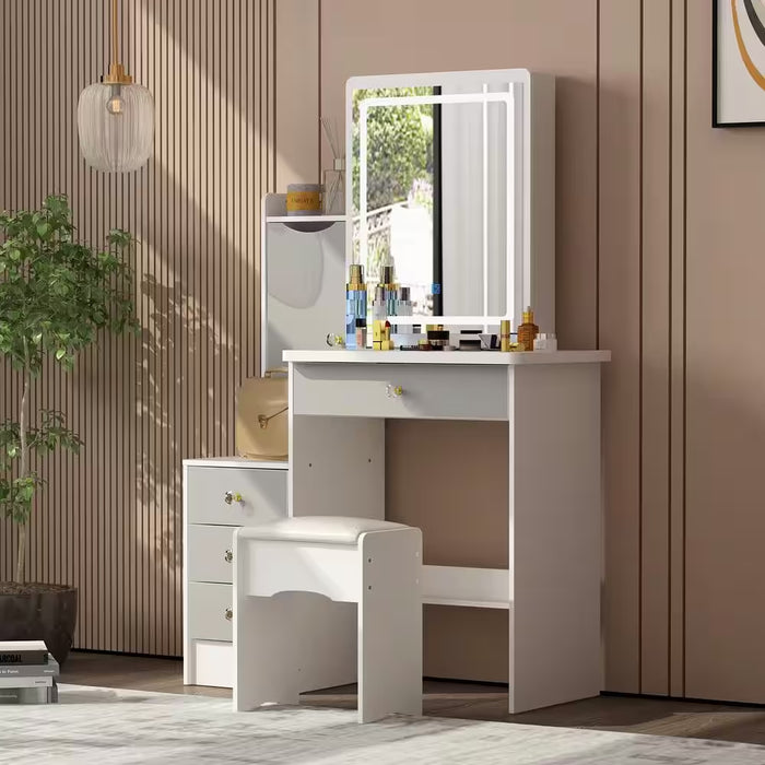 4-Drawers White Wood Makeup Vanity Sets Dressing Table Sets with Stool, Mirror, LED Light, Door and Storage Shelves