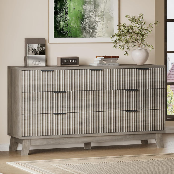 57" Long Dresser for Bedroom, 7-Drawer Fluted Chest, Wide Wood Storage Dresser with Metal Slides and Handles, Stable Base, Modern Clothes Organizer for Primary Suite, Guest Room, Nursery